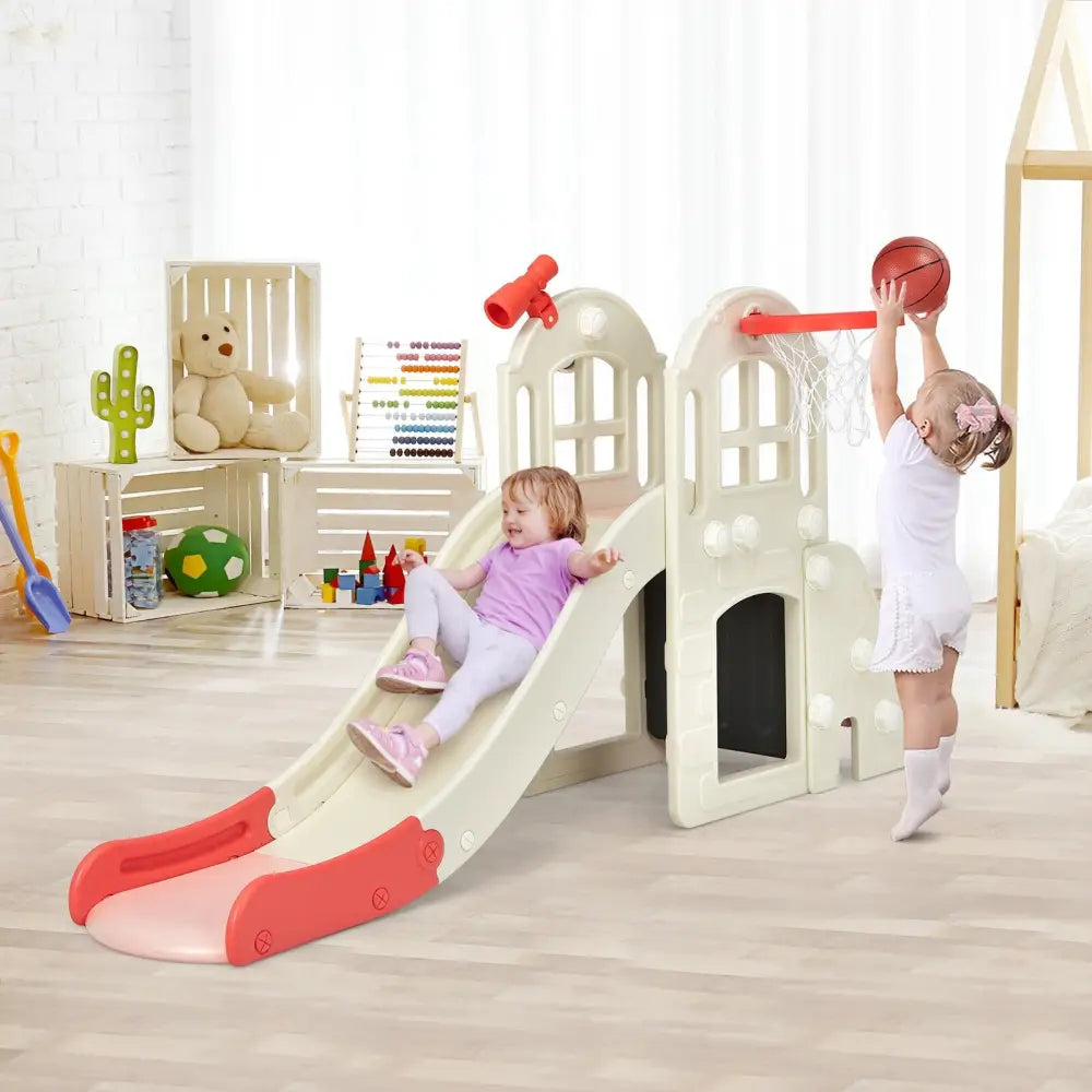 6-In-1 Large Slide for Kids Toddler Climber Slide Playset with Basketball Hoop-Pink - Pink - Climbers & Slides