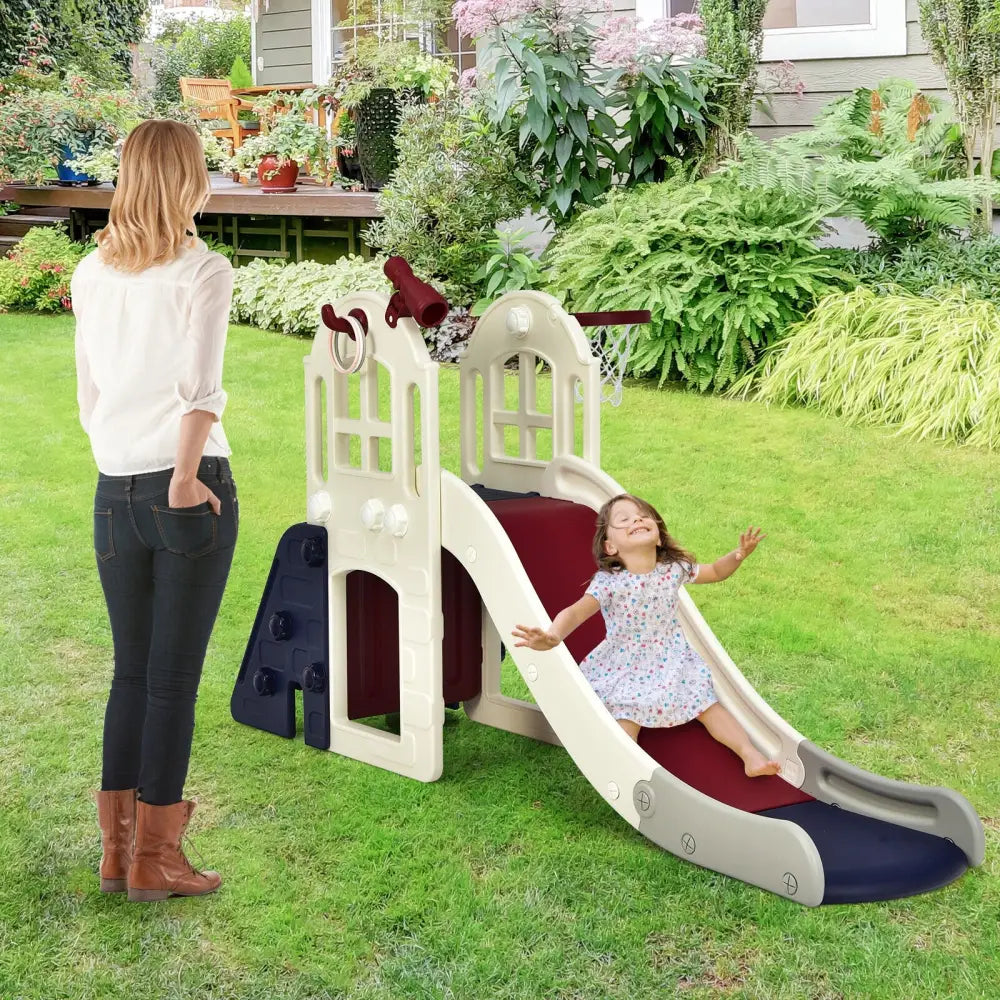 6-In-1 Large Slide for Kids Toddler Climber Slide Playset with Basketball Hoop-Blue - Blue - Climbers & Slides