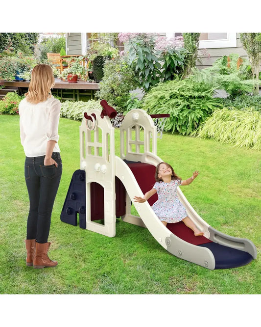 6-In-1 Large Slide for Kids Toddler Climber Slide Playset with Basketball Hoop-Blue - Blue - Climbers & Slides