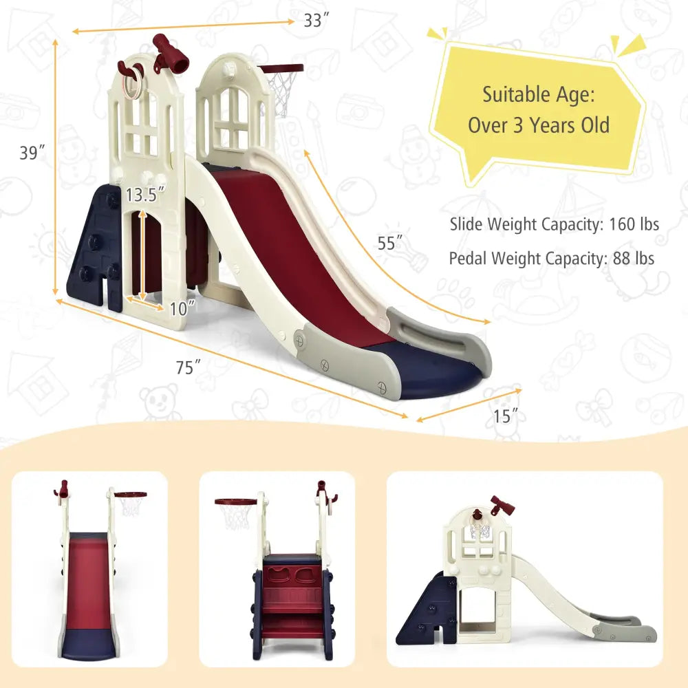 6-In-1 Large Slide for Kids Toddler Climber Slide Playset with Basketball Hoop-Blue - Blue - Climbers & Slides