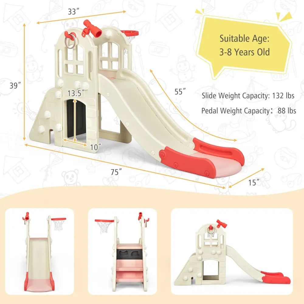 6-In-1 Large Slide for Kids Toddler Climber Slide Playset with Basketball Hoop-Pink - Pink - Climbers & Slides