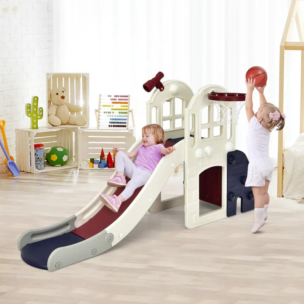 6-In-1 Large Slide for Kids Toddler Climber Slide Playset with Basketball Hoop-Blue - Blue - Climbers & Slides