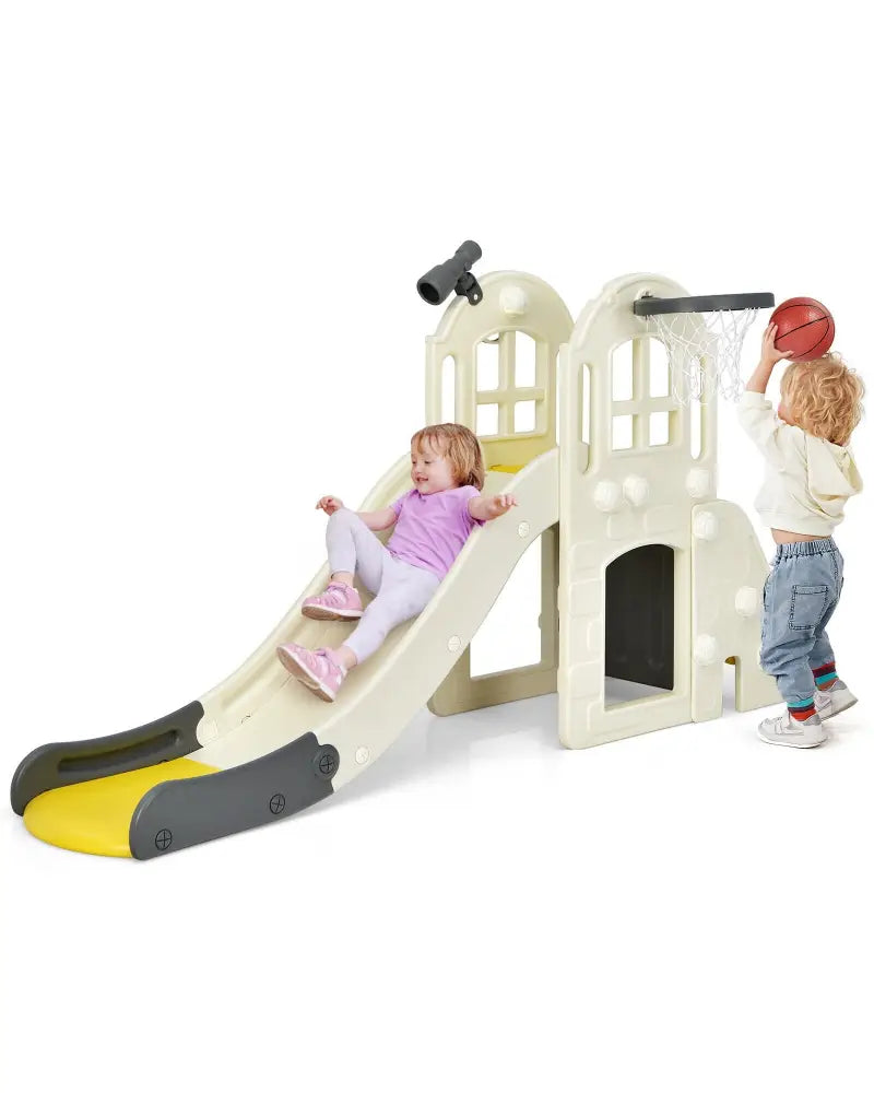 6-In-1 Large Slide for Kids Toddler Climber Slide Playset with Basketball Hoop-Yellow - Yellow - Climbers & Slides