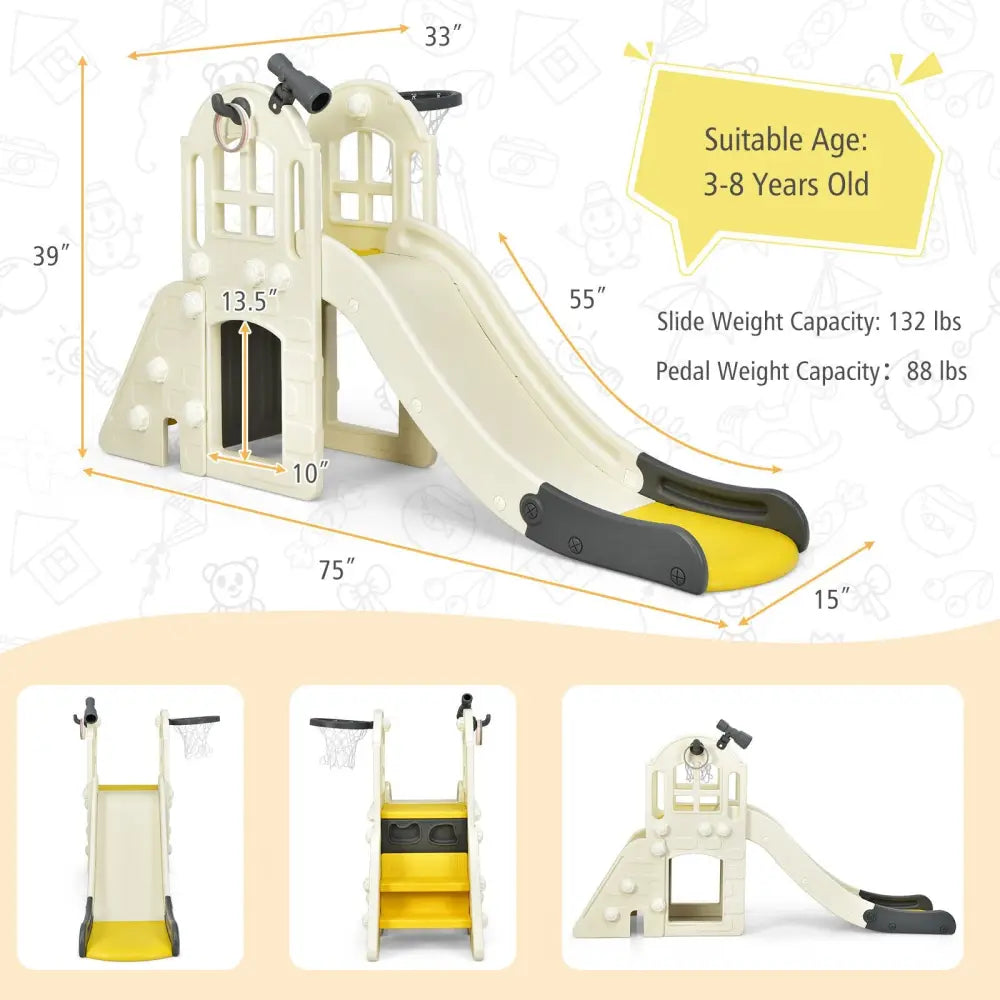 6-In-1 Large Slide for Kids Toddler Climber Slide Playset with Basketball Hoop-Yellow - Yellow - Climbers & Slides