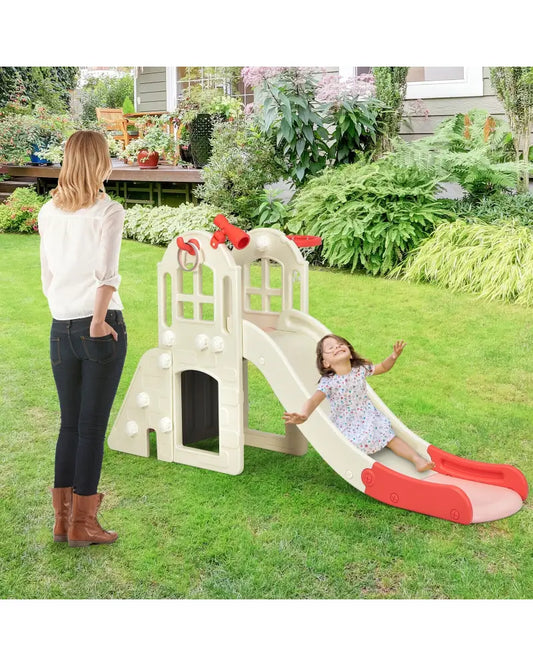 6-In-1 Large Slide for Kids Toddler Climber Slide Playset with Basketball Hoop-Pink - Pink - Climbers & Slides