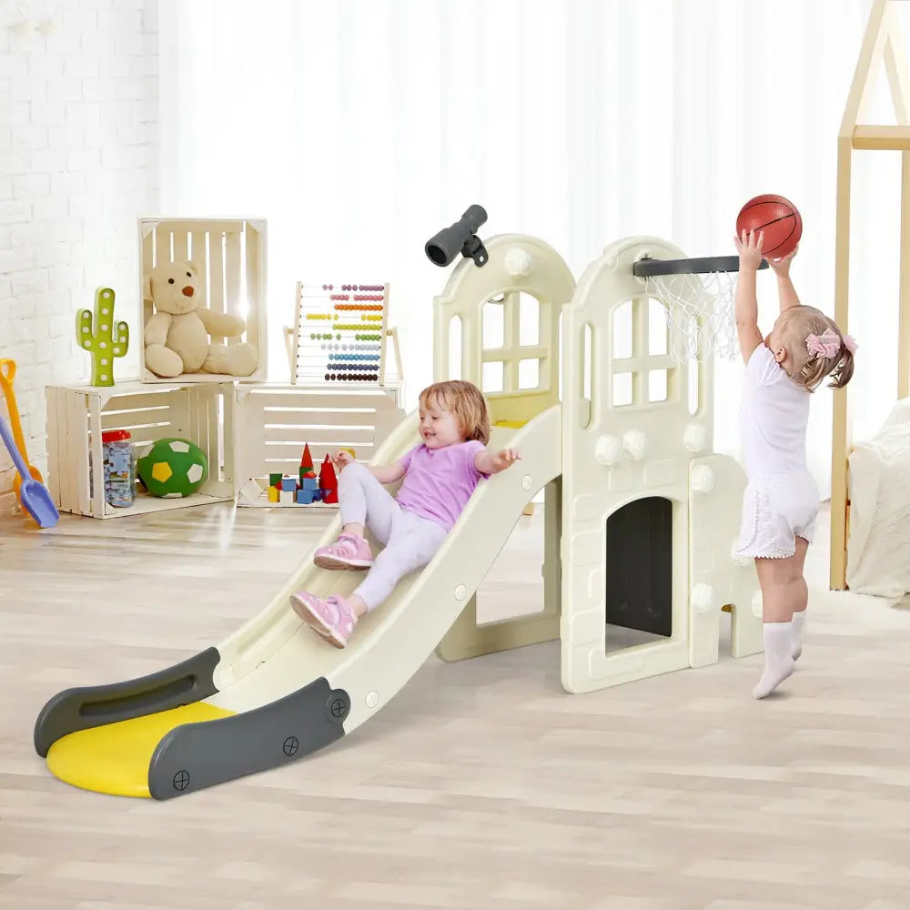 6-In-1 Large Slide for Kids Toddler Climber Slide Playset with Basketball Hoop-Yellow - Yellow - Climbers & Slides