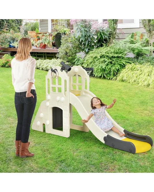 6-In-1 Large Slide for Kids Toddler Climber Slide Playset with Basketball Hoop-Yellow - Yellow - Climbers & Slides