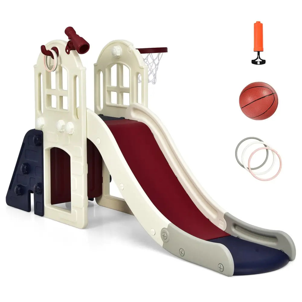 6-In-1 Large Slide for Kids Toddler Climber Slide Playset with Basketball Hoop-Blue - Blue - Climbers & Slides