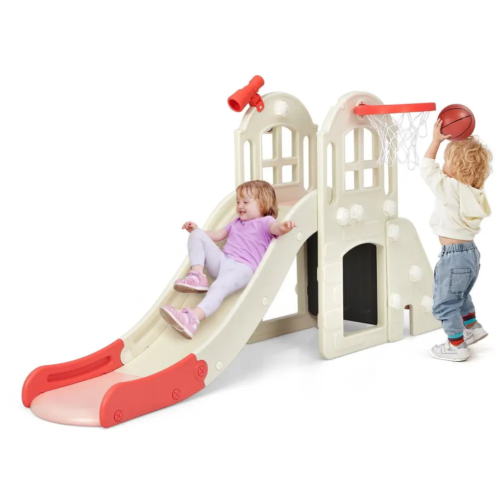 6-In-1 Large Slide for Kids Toddler Climber Slide Playset with Basketball Hoop-Pink - Pink - Climbers & Slides