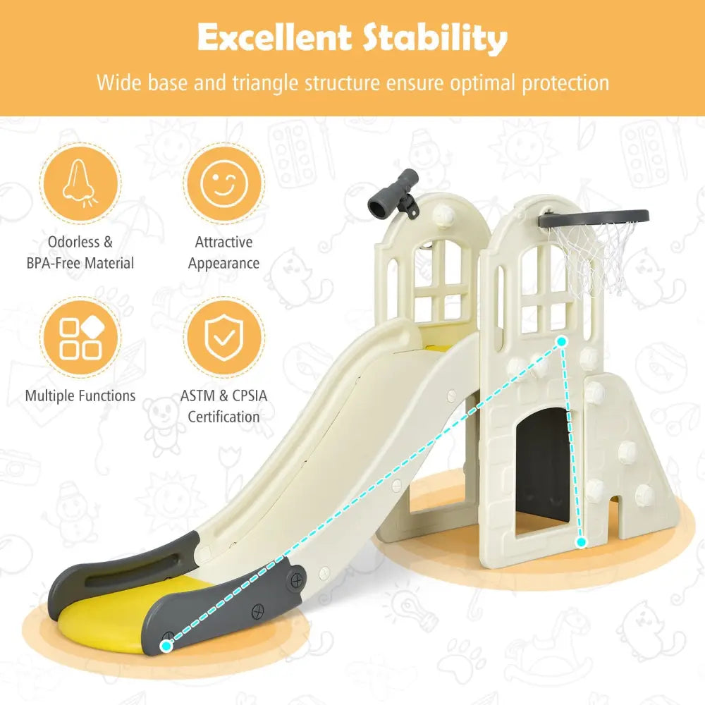 6-In-1 Large Slide for Kids Toddler Climber Slide Playset with Basketball Hoop-Yellow - Yellow - Climbers & Slides