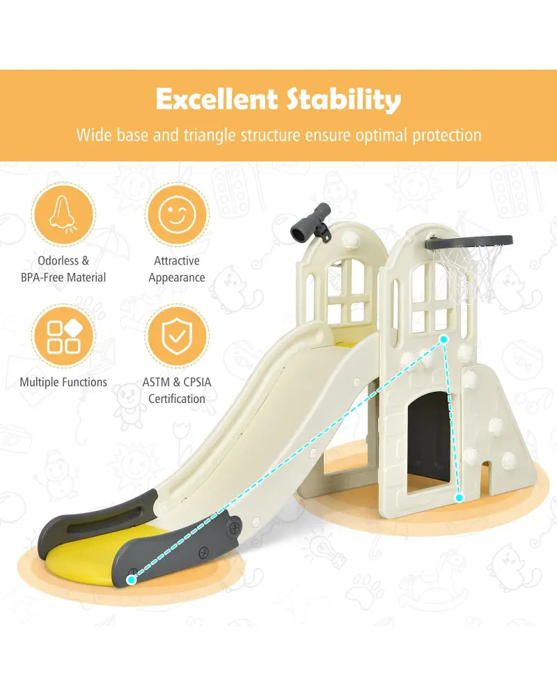 6-In-1 Large Slide for Kids Toddler Climber Slide Playset with Basketball Hoop-Yellow - Yellow - Climbers & Slides