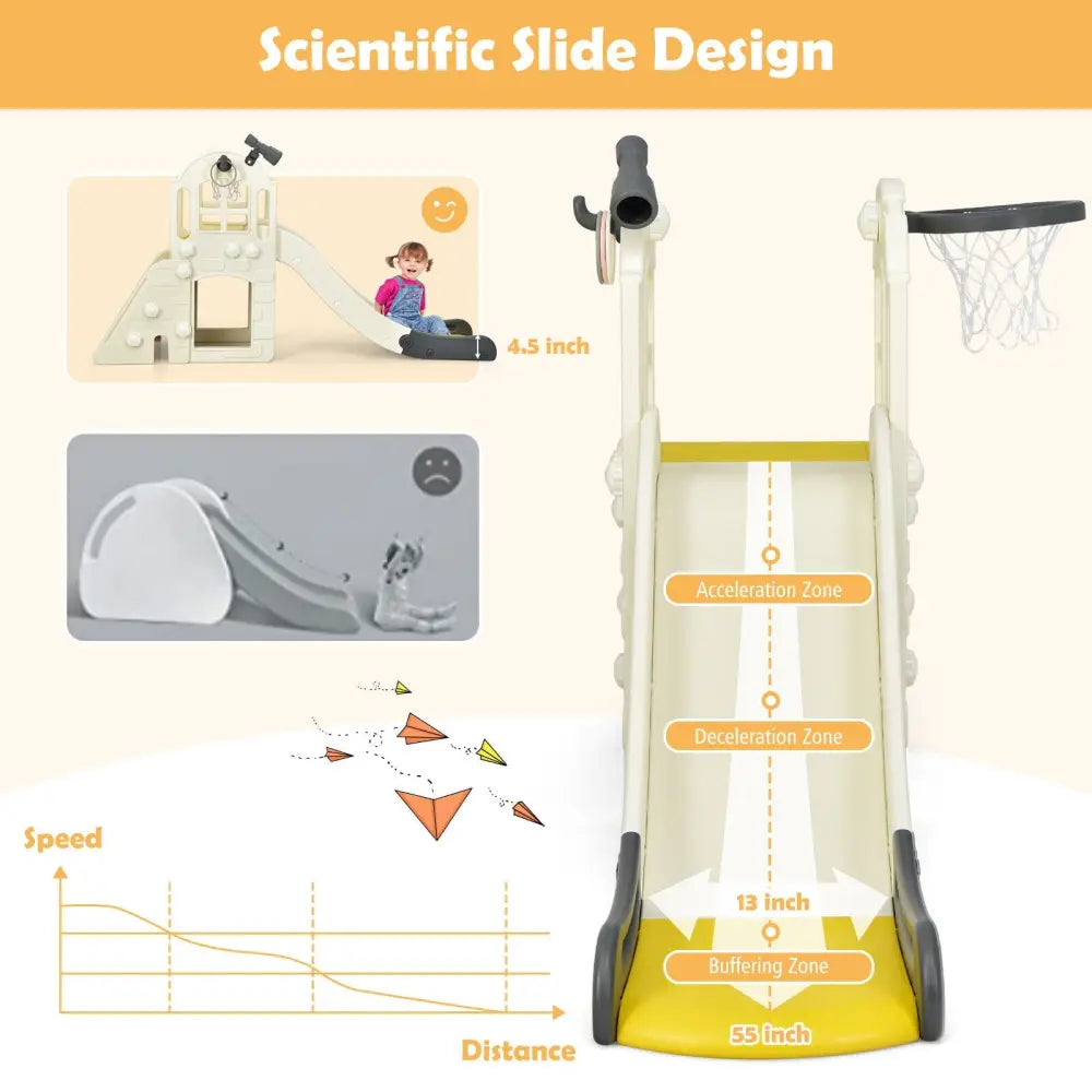 6-In-1 Large Slide for Kids Toddler Climber Slide Playset with Basketball Hoop-Yellow - Yellow - Climbers & Slides