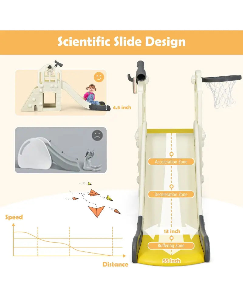 6-In-1 Large Slide for Kids Toddler Climber Slide Playset with Basketball Hoop-Yellow - Yellow - Climbers & Slides