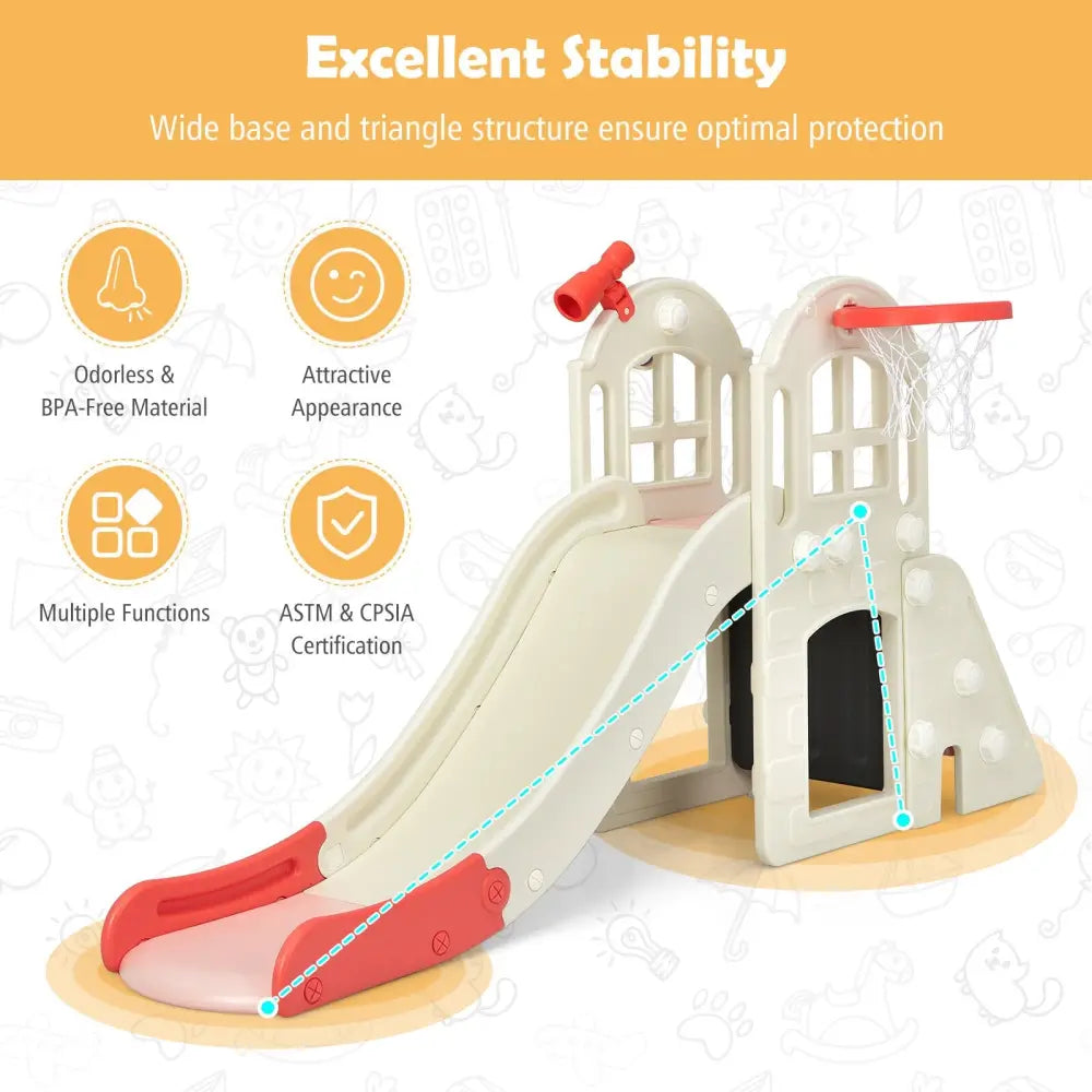 6-In-1 Large Slide for Kids Toddler Climber Slide Playset with Basketball Hoop-Pink - Pink - Climbers & Slides