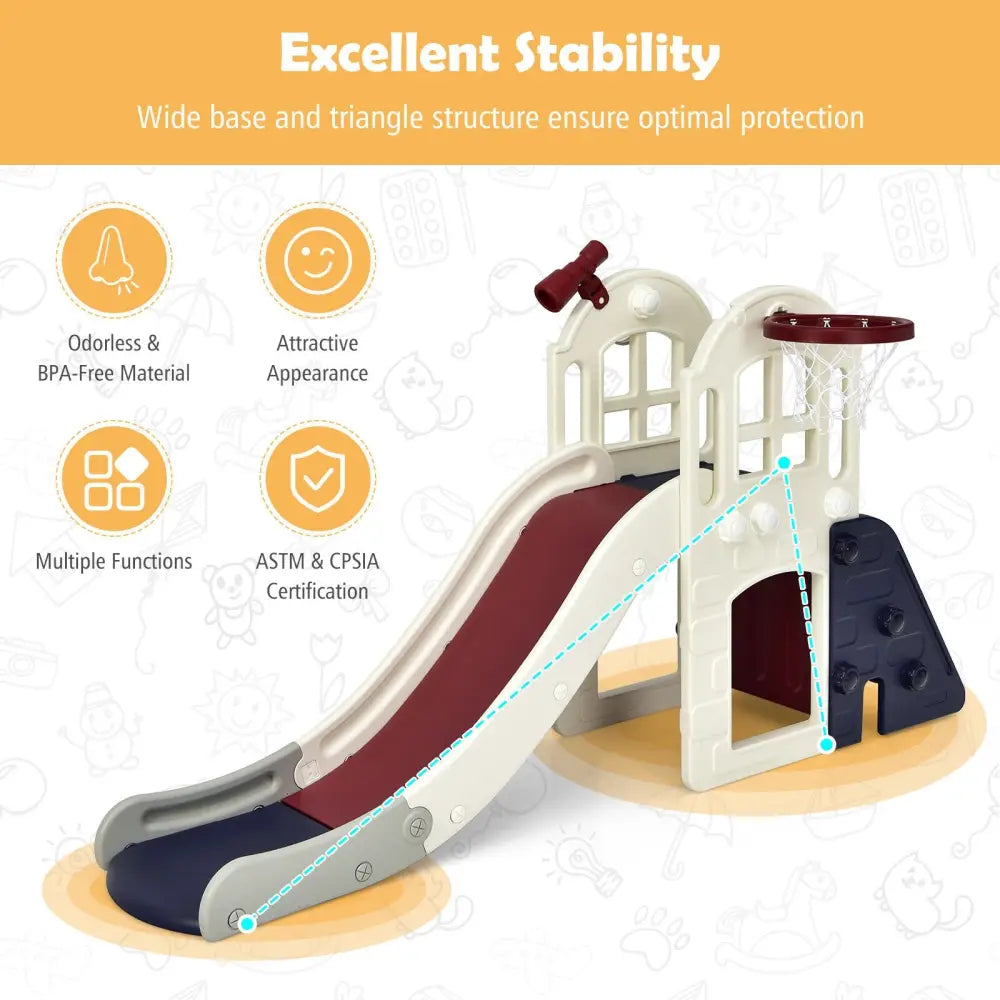 6-In-1 Large Slide for Kids Toddler Climber Slide Playset with Basketball Hoop-Blue - Blue - Climbers & Slides