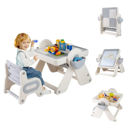6-in-1 Multi-activity Children Table and Chair Set Folding Art Easel Set-Gray and White - Gray & White - Kids Table &