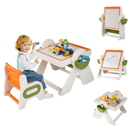 6-in-1 Multi-activity Children Table and Chair Set Folding Art Easel Set-Orange - Orange - Kids Table & Chair Sets