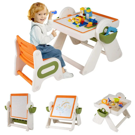 6-in-1 Multi-activity Children Table and Chair Set Folding Art Easel Set-Orange - Orange - Kids Table & Chair Sets