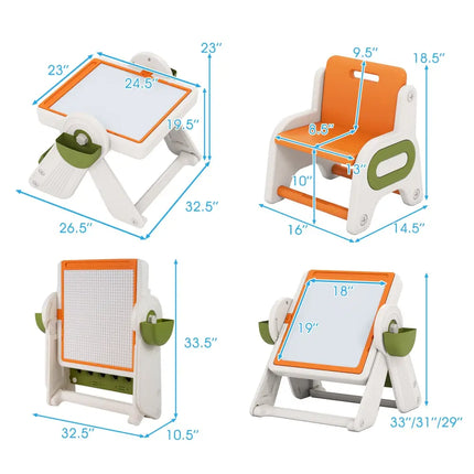 6-in-1 Multi-activity Children Table and Chair Set Folding Art Easel Set-Orange - Orange - Kids Table & Chair Sets