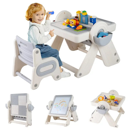 6-in-1 Multi-activity Children Table and Chair Set Folding Art Easel Set-Gray and White - Gray & White - Kids Table &