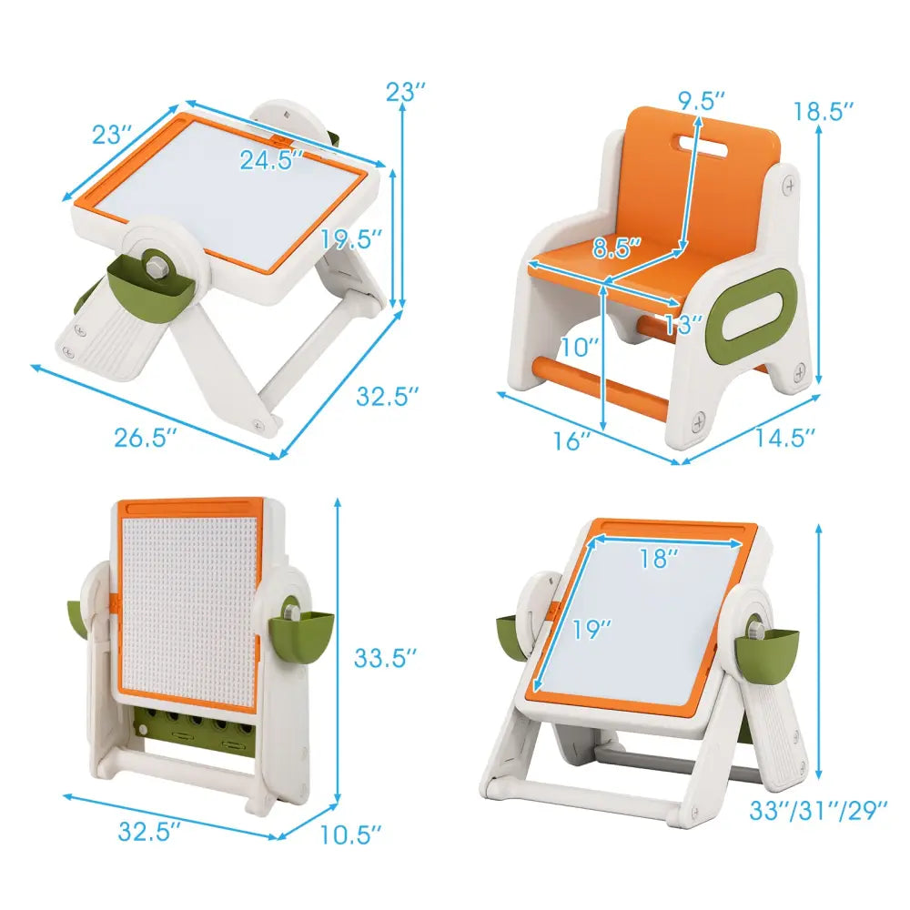 6-in-1 Multi-activity Children Table and Chair Set Folding Art Easel Set-Orange - Orange - Kids Table & Chair Sets