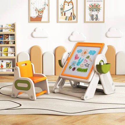 6-in-1 Multi-activity Children Table and Chair Set Folding Art Easel Set-Orange - Orange - Kids Table & Chair Sets