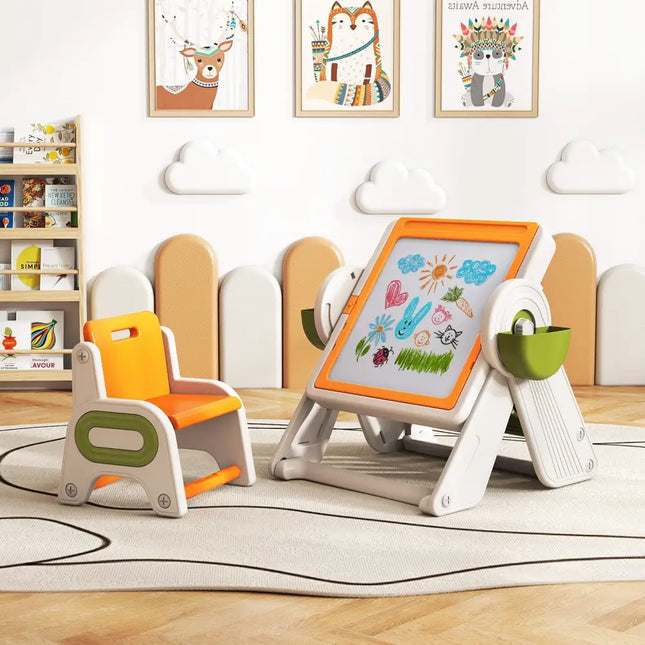 6-in-1 Multi-activity Children Table and Chair Set Folding Art Easel Set-Orange - Orange - Kids Table & Chair Sets