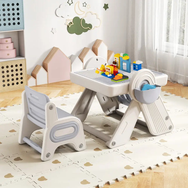 6-in-1 Multi-activity Children Table and Chair Set Folding Art Easel Set-Gray and White - Gray & White - Kids Table &