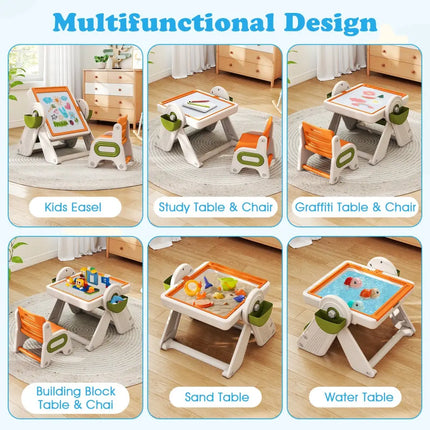 6-in-1 Multi-activity Children Table and Chair Set Folding Art Easel Set-Orange - Orange - Kids Table & Chair Sets