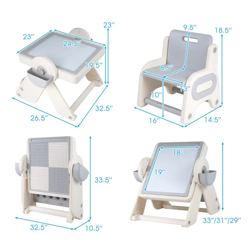 6-in-1 Multi-activity Children Table and Chair Set Folding Art Easel Set-Gray and White - Gray & White - Kids Table &