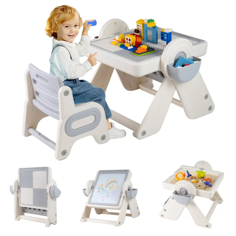 6-in-1 Multi-activity Children Table and Chair Set Folding Art Easel Set-Gray and White - Gray & White - Kids Table &