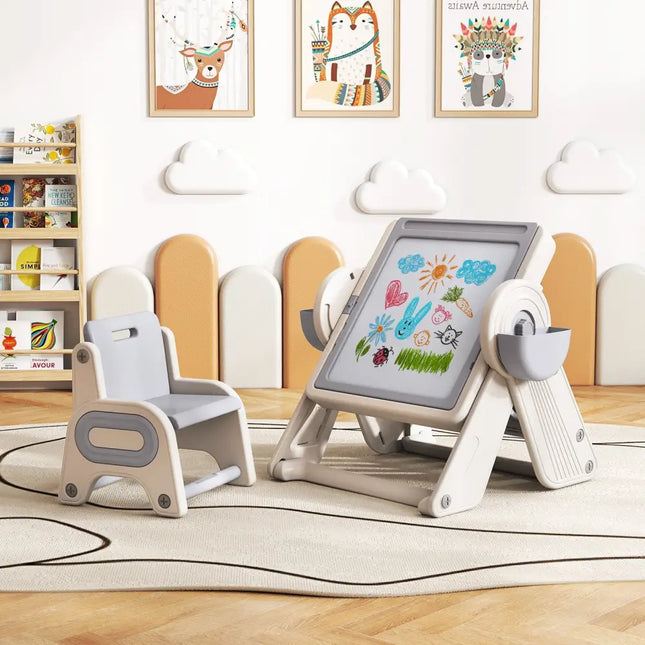 6-in-1 Multi-activity Children Table and Chair Set Folding Art Easel Set-Gray and White - Gray & White - Kids Table &