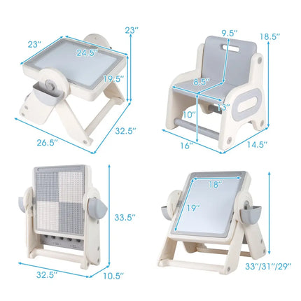 6-in-1 Multi-activity Children Table and Chair Set Folding Art Easel Set-Gray and White - Gray & White - Kids Table &