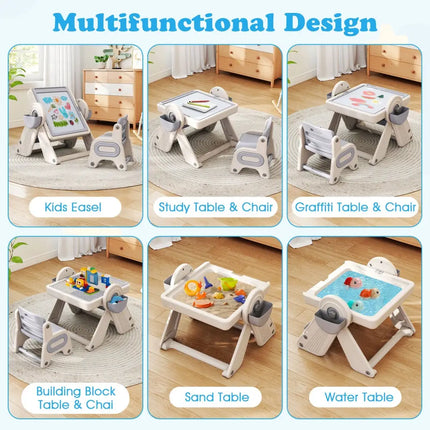 6-in-1 Multi-activity Children Table and Chair Set Folding Art Easel Set-Gray and White - Gray & White - Kids Table &