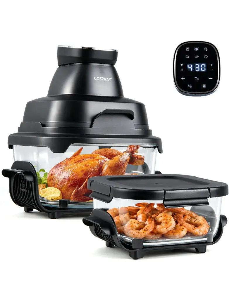 6-in-1 Portable Glass Air Fryer 1500W Dual Containers with Lids Dishwasher Safe-Black - Black - Air Fryers