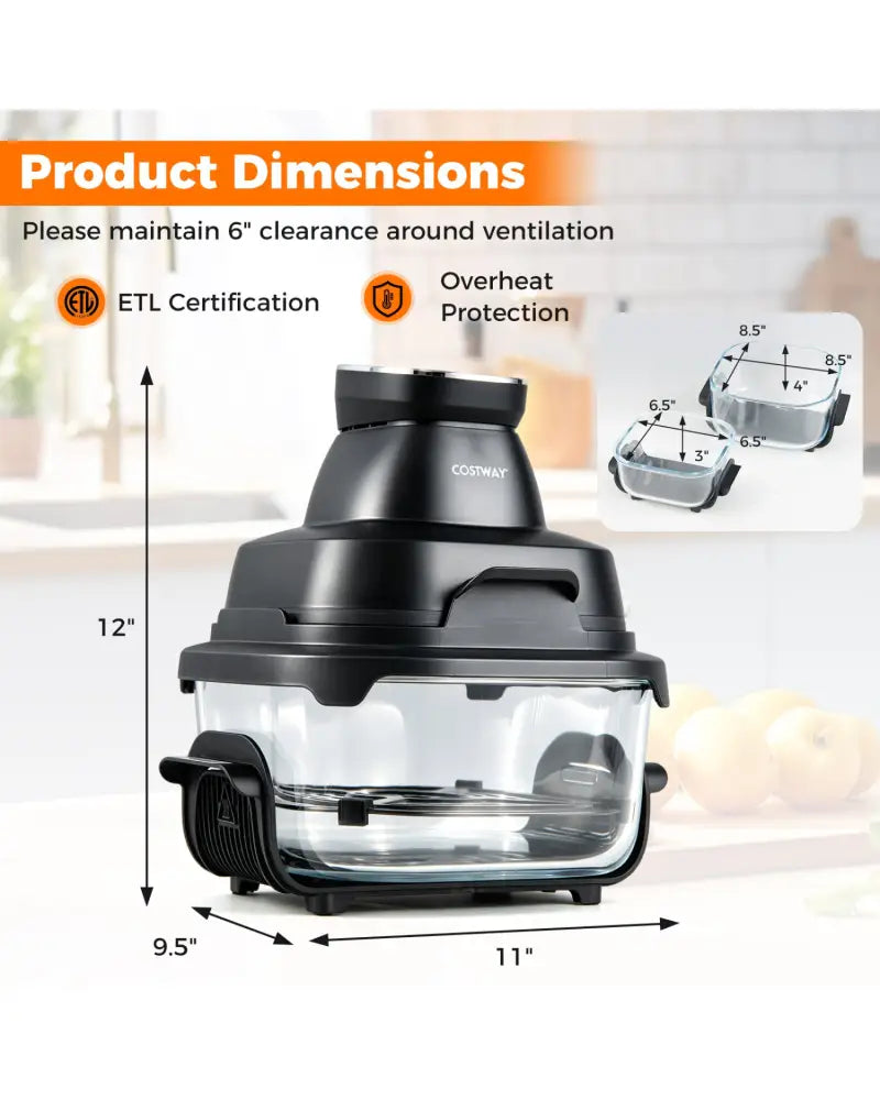 6-in-1 Portable Glass Air Fryer 1500W Dual Containers with Lids Dishwasher Safe-Black - Black - Air Fryers