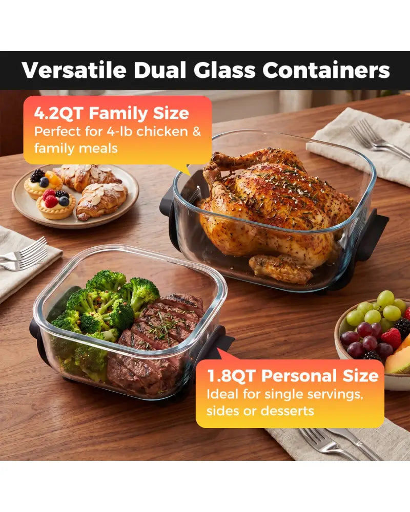 6-in-1 Portable Glass Air Fryer 1500W Dual Containers with Lids Dishwasher Safe-Black - Black - Air Fryers