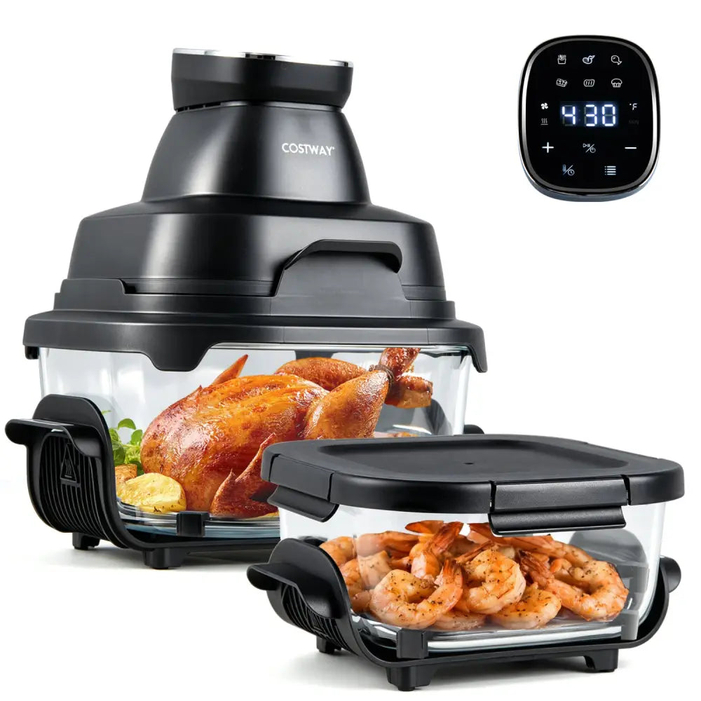 6-in-1 Portable Glass Air Fryer 1500W Dual Containers with Lids Dishwasher Safe-Black - Black - Air Fryers