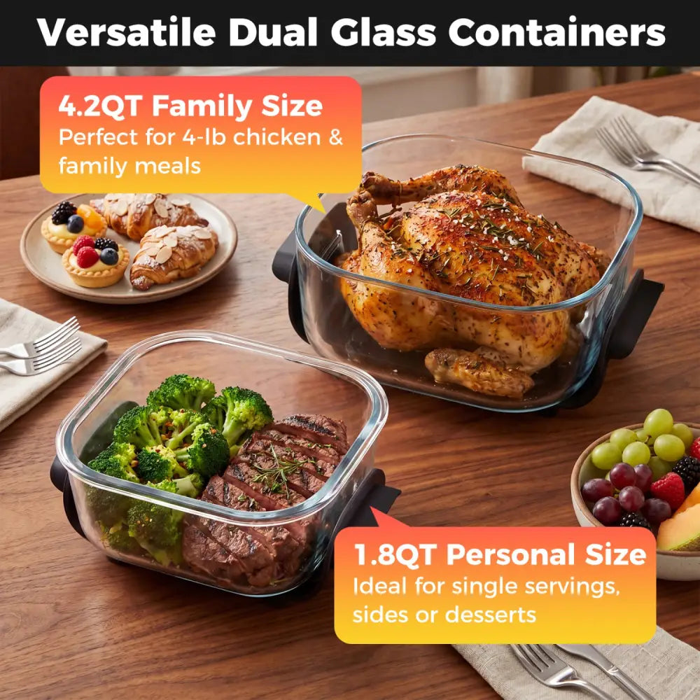 6-in-1 Portable Glass Air Fryer 1500W Dual Containers with Lids Dishwasher Safe-Black - Black - Air Fryers