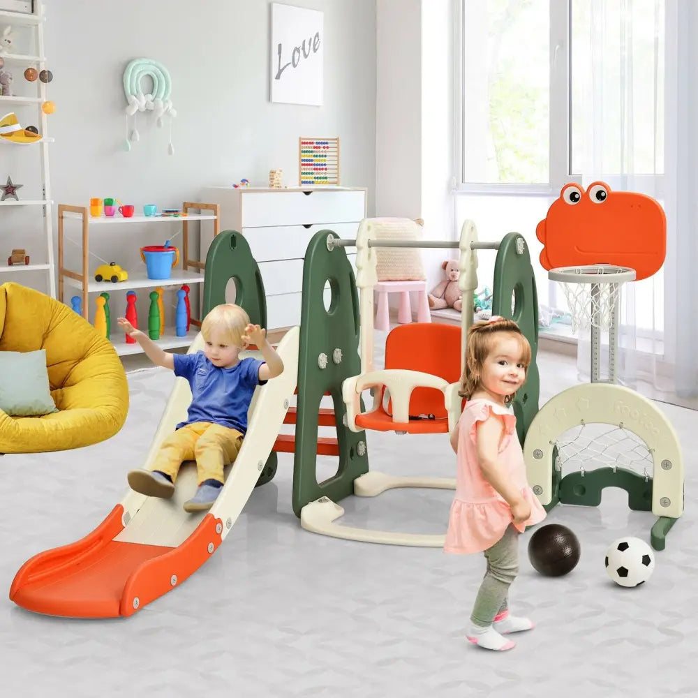 6 in 1 Toddler Slide and Swing Set with Ball Games-Orange - Orange - Climbers & Slides