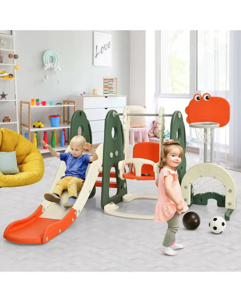 6 in 1 Toddler Slide and Swing Set with Ball Games-Orange - Orange - Climbers & Slides