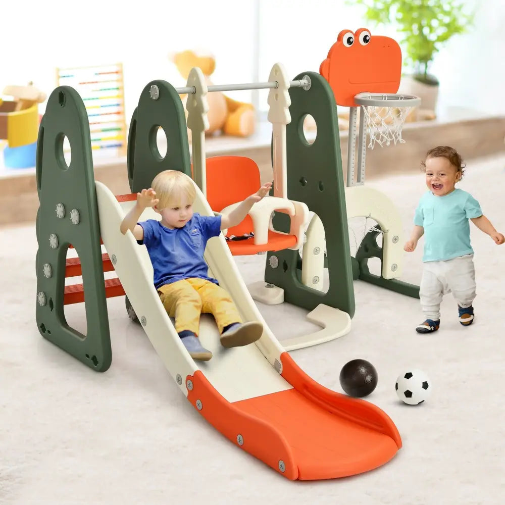 6 in 1 Toddler Slide and Swing Set with Ball Games-Orange - Orange - Climbers & Slides