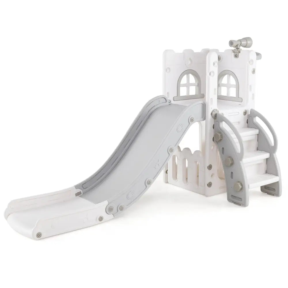 6-in-1 Toddler Slide L-shaped Playground with Basketball Hoop and Ladder-Gray - Gray - Climbers & Slides