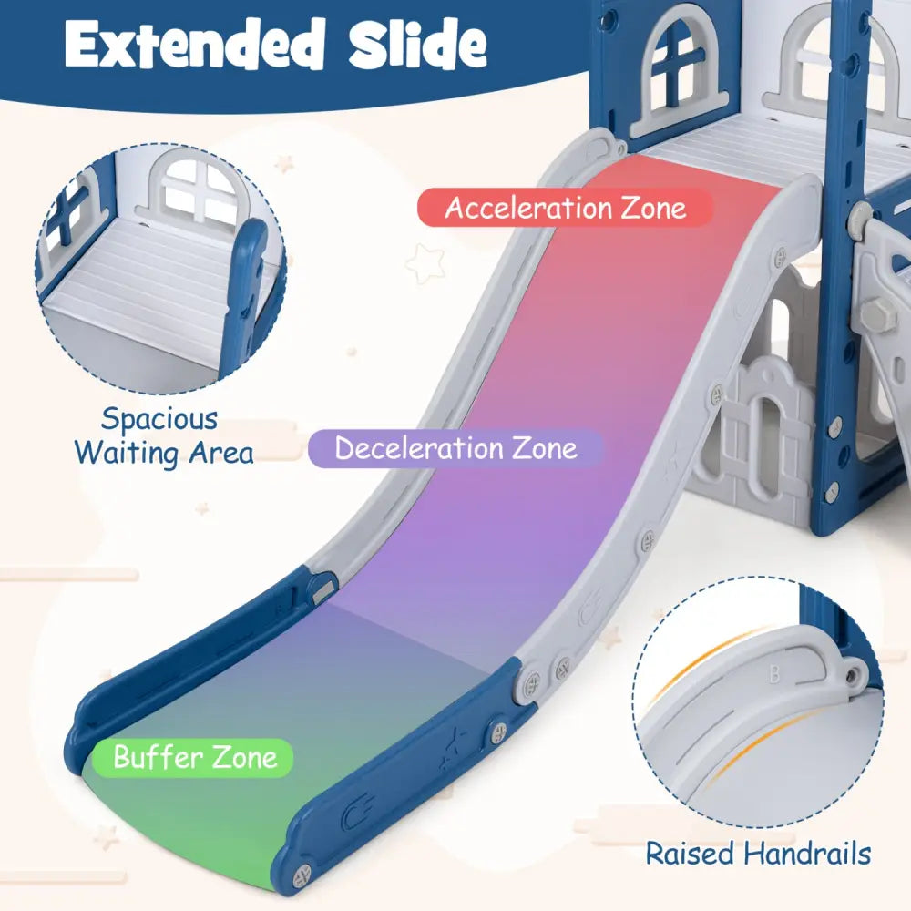 6-in-1 Toddler Slide L-shaped Playground with Basketball Hoop and Ladder-Blue - Blue - Climbers & Slides