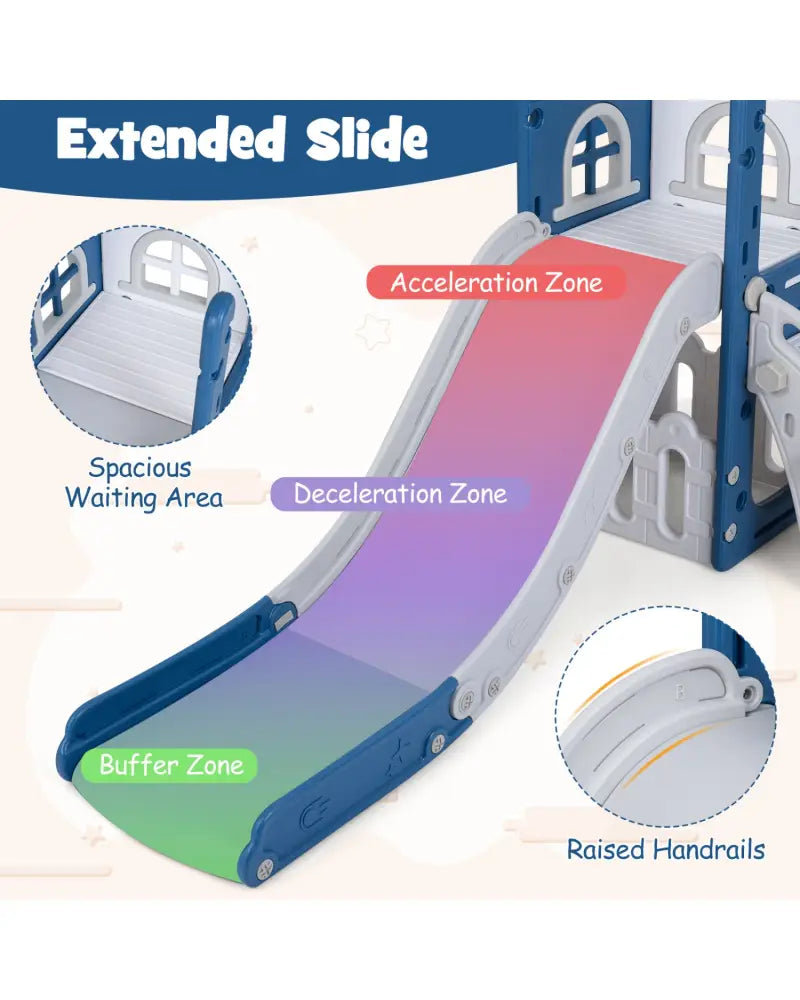 6-in-1 Toddler Slide L-shaped Playground with Basketball Hoop and Ladder-Blue - Blue - Climbers & Slides