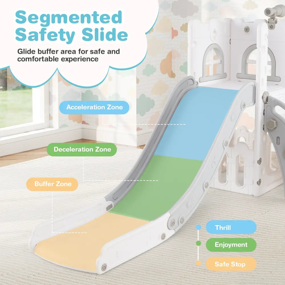 6-in-1 Toddler Slide L-shaped Playground with Basketball Hoop and Ladder-Gray - Gray - Climbers & Slides