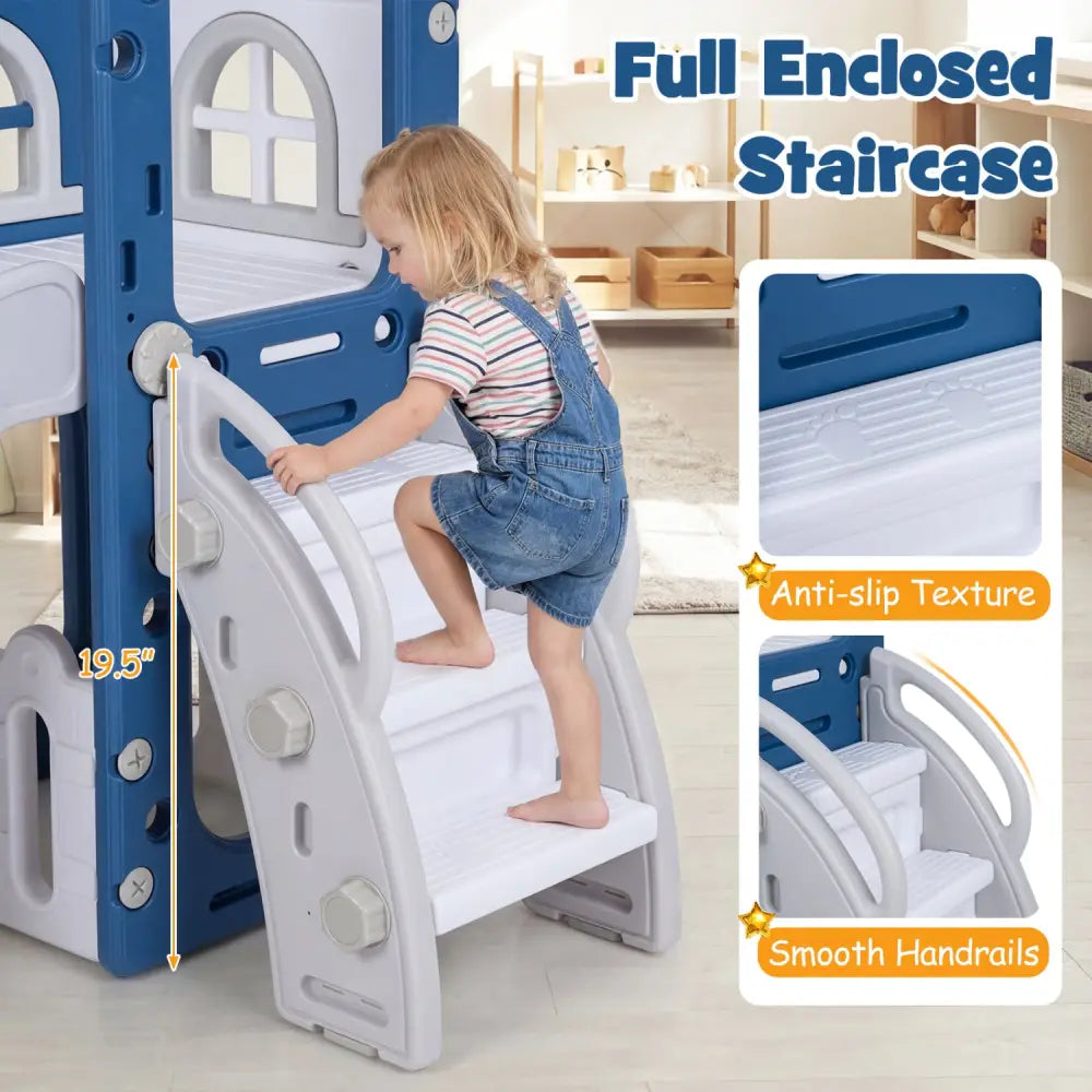 6-in-1 Toddler Slide L-shaped Playground with Basketball Hoop and Ladder-Blue - Blue - Climbers & Slides