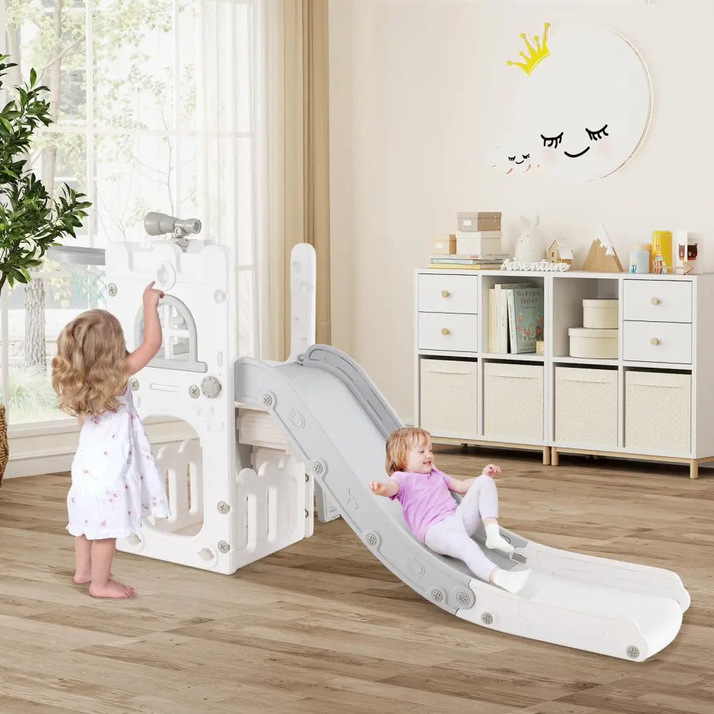 6-in-1 Toddler Slide L-shaped Playground with Basketball Hoop and Ladder-Gray - Gray - Climbers & Slides
