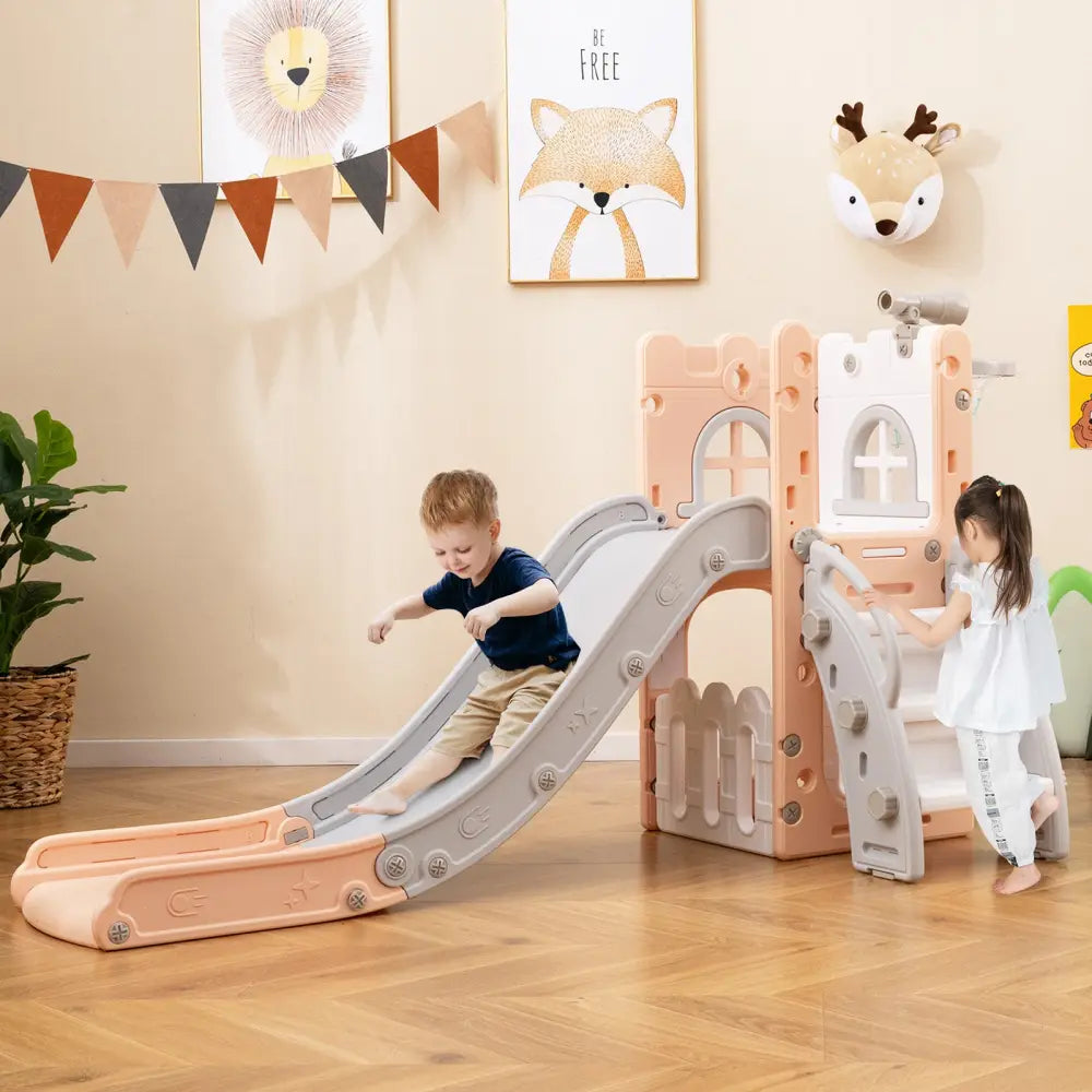 6-in-1 Toddler Slide L-shaped Playground with Basketball Hoop and Ladder-Pink - Pink - Climbers & Slides