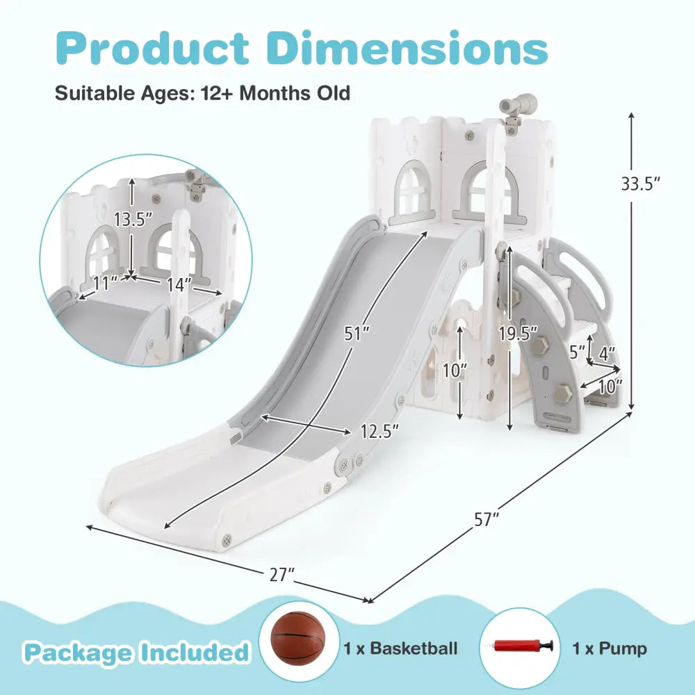6-in-1 Toddler Slide L-shaped Playground with Basketball Hoop and Ladder-Gray - Gray - Climbers & Slides